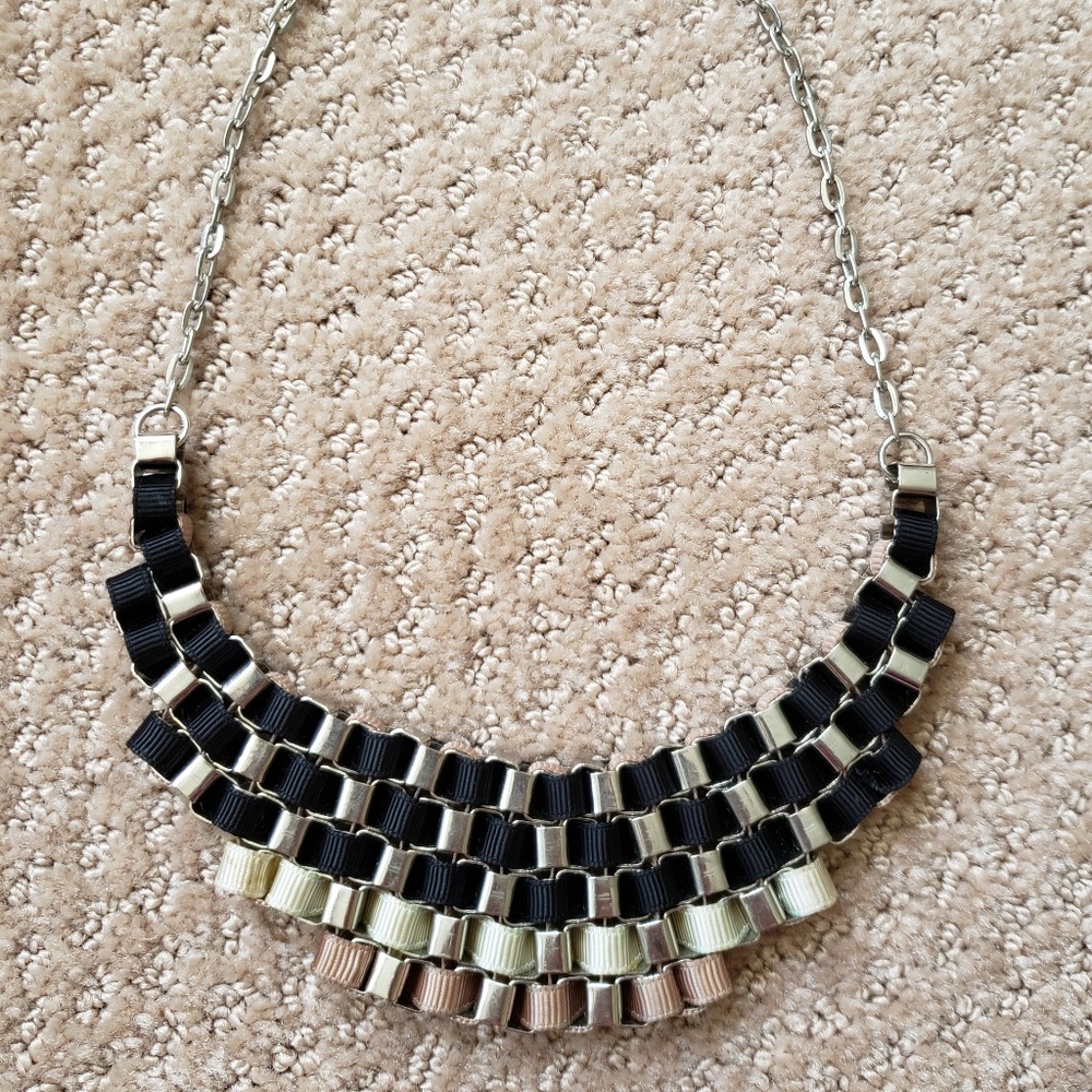 Black, beige, tan ribbon bib necklace